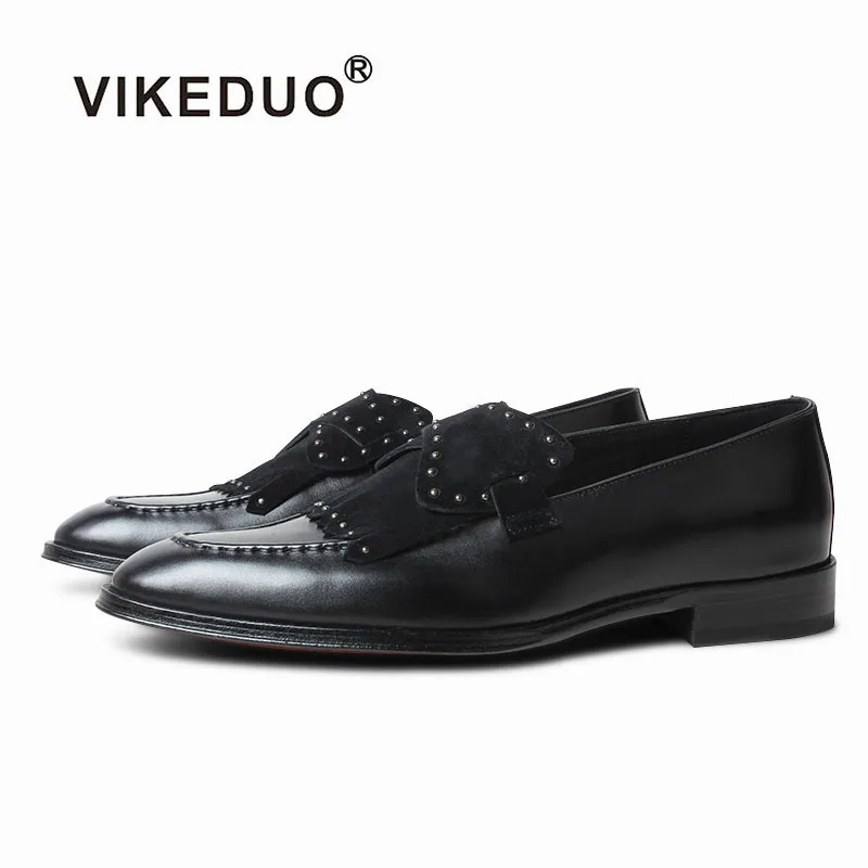 Vikeduo модные популярные фотографии ручной работы, китайская обувь, производство дизайнерских мокасинов с шипами, Мужская черная обувь