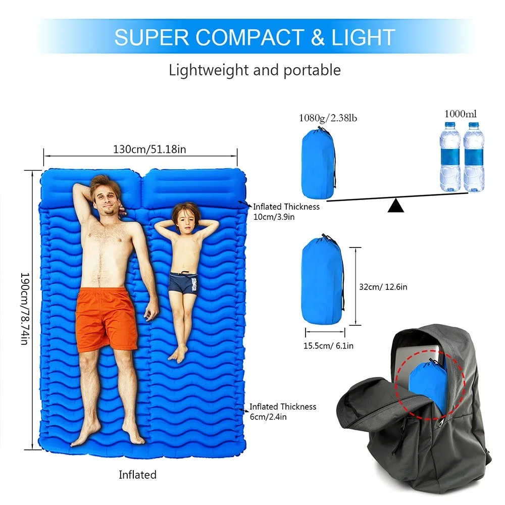 2 Person Outdoor Hiking Light Inflatable Double Camping Air Sleeping Pad Self-Inflating Mat