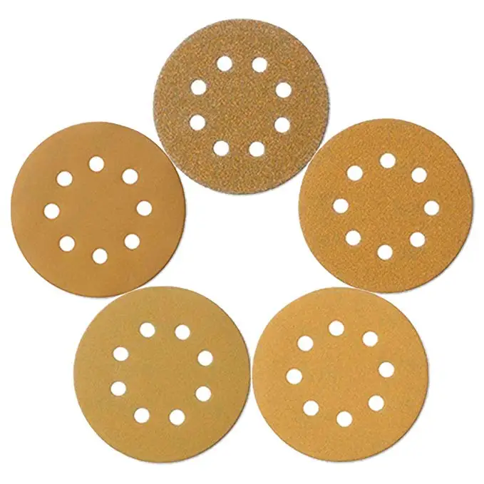 
 Наждачная бумага желтого золота на заказ, 2/5/6/7 дюйма, 8 отверстий, быстрая замена, шлифовальный абразивный шлифовальный диск с крючком и петлей  
