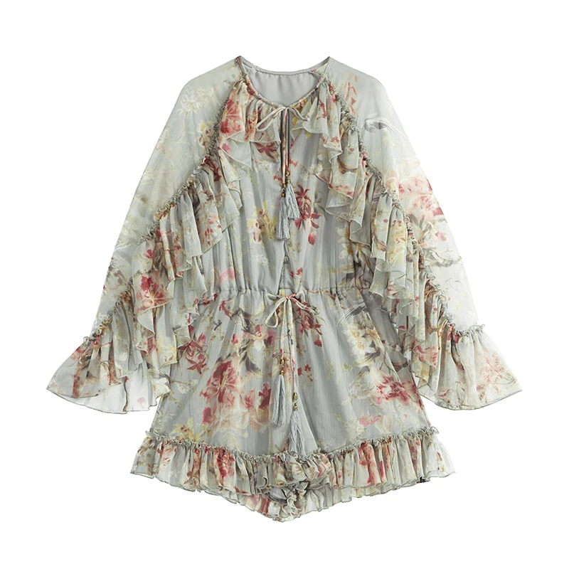 Summer One Piece Lace Floral Print V Neck Fall Womens Long Sleeve Lace-up Elegant Lady Jumpsuit