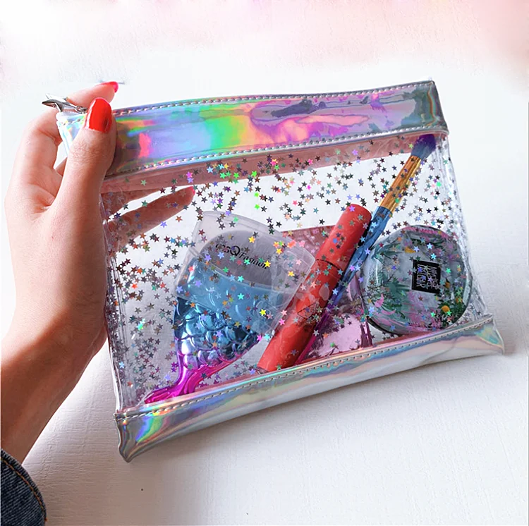 Girls Fashion Waterproof Makeup Bag Paillette Glitter Move Stars Clutch with Zipper Closure Transparent PVC Plastic Logo Pattern