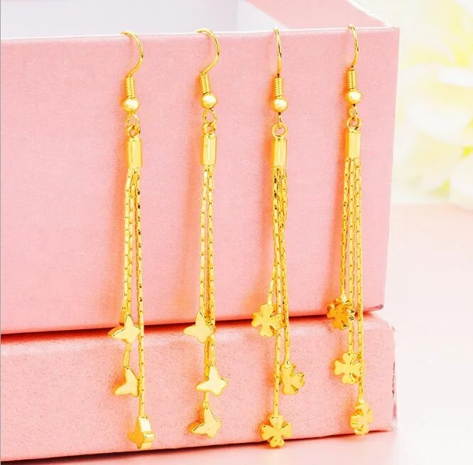 79 mm Long Fashion Clover Butterfly Charms Dangling Gold Tassel Jewelry Earrings