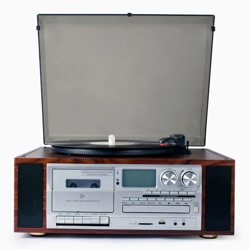 2019 hot sale Full Size Auto Return turntable vinyl record gramophone player with Cassette, USB SD play& recording& CD, RADIO