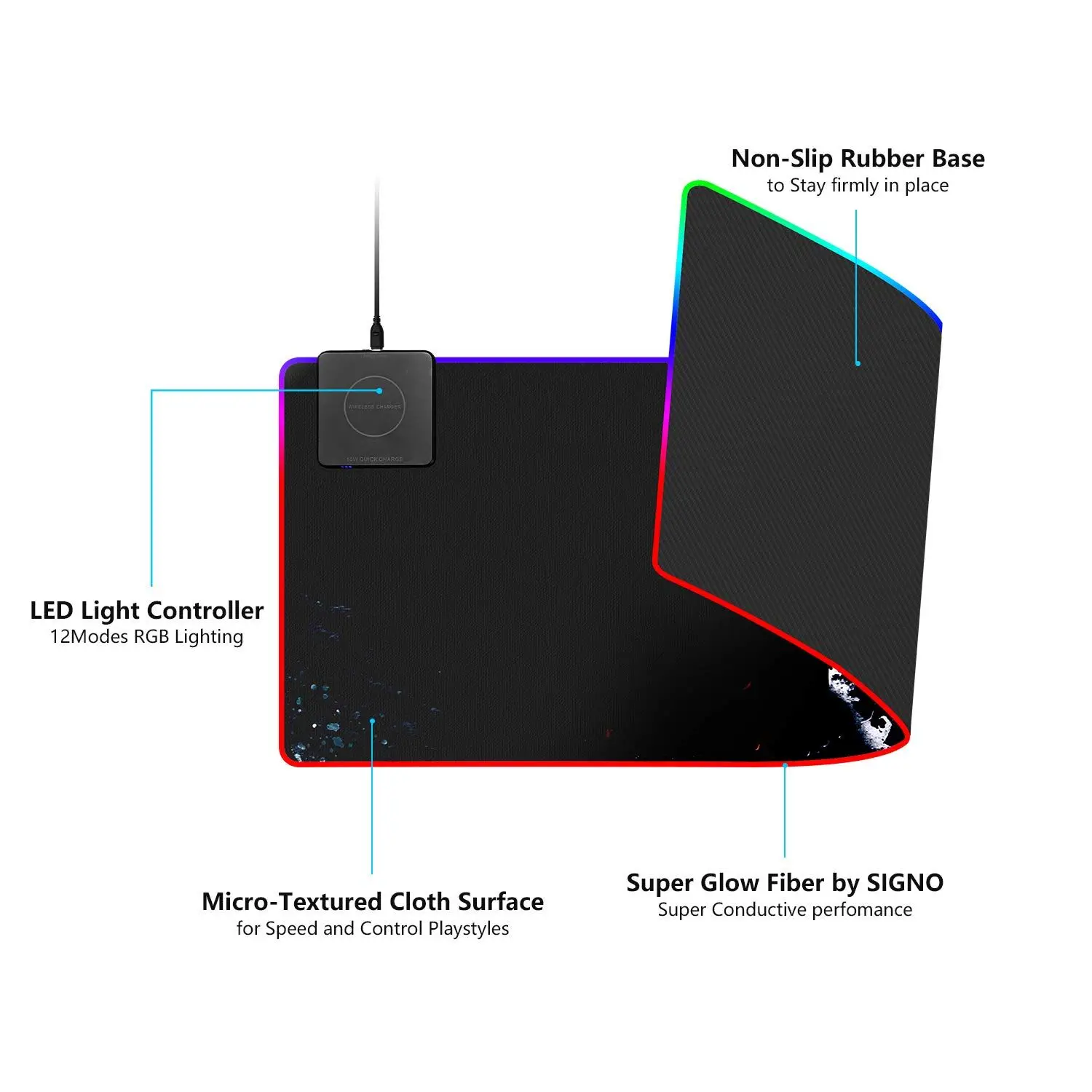 RGB Computer Mousepad LED USB Charging Large Mouse Pad With Logo For custom LOGO 10W qi fast wireless charger mouse pad