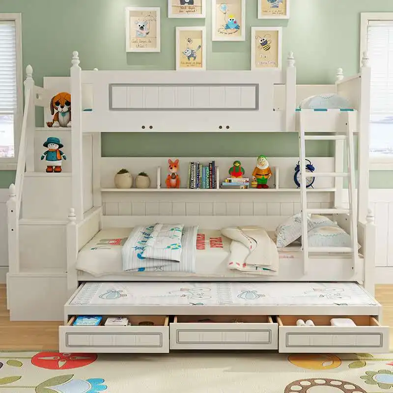 White Pine Solid Wood Convertible Multifunction Wooden Boys Bunk Bed Kids Bunk Bed With Slide and Drawer