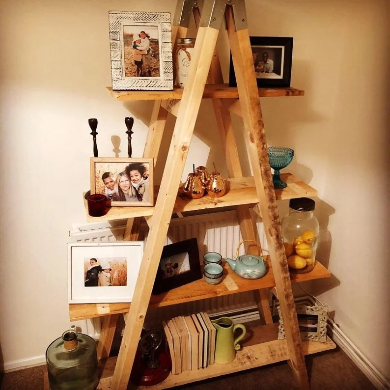 
Rustic A frame 4 Tier Ladder Shelf Bookcase, made from Reclaimed Pallet Wood for Space Saving 