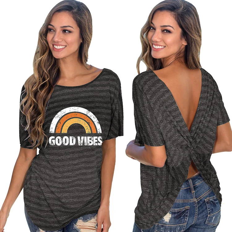 Women Apparel Sunflower Print T Shirts Cross Back Twist Knot Loose Open Back Blouses Tops