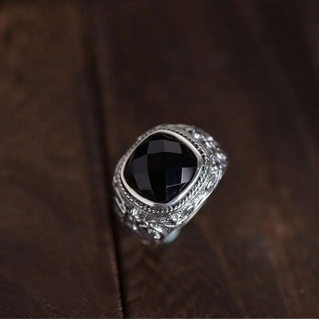 Wholesale 925 pure silver relief pattern inlaid Black Agate silver jewelry rings for men Anillos
