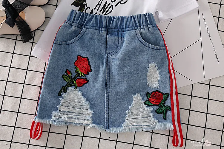 turkish children clothing with fashion embroidered rose T-shirt short sleeves denim skirt suit