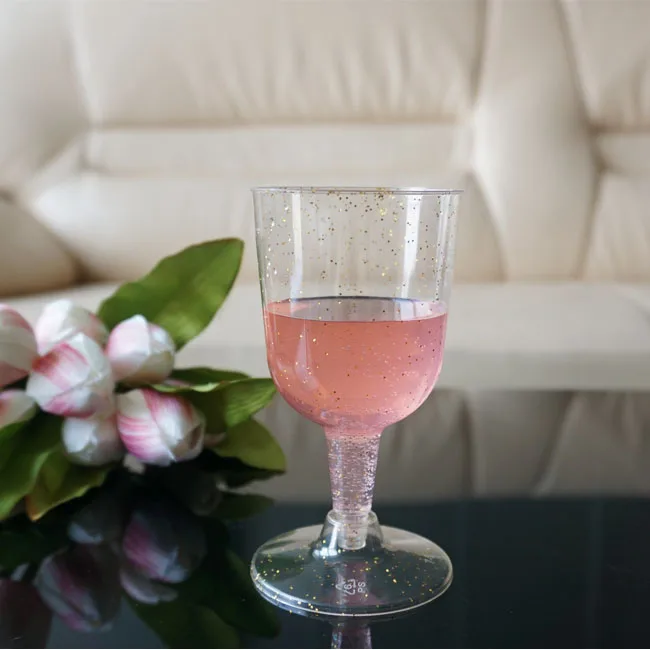 7 oz Gold Glitter Disposable Wine Glasses Clear Hard Plastic Disposable Fancy Cups for Parties & Weddings