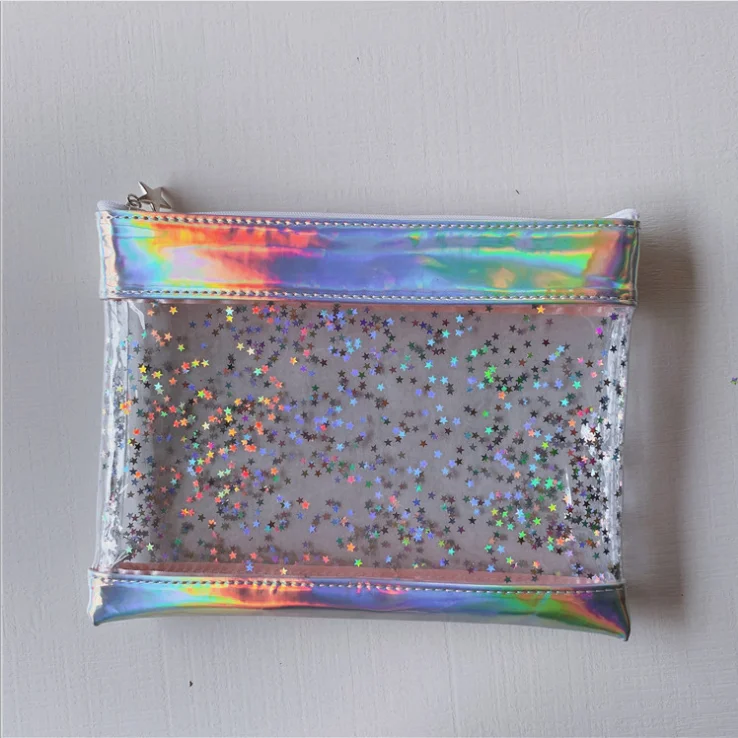 Girls Fashion Waterproof Makeup Bag Paillette Glitter Move Stars Clutch with Zipper Closure Transparent PVC Plastic Logo Pattern