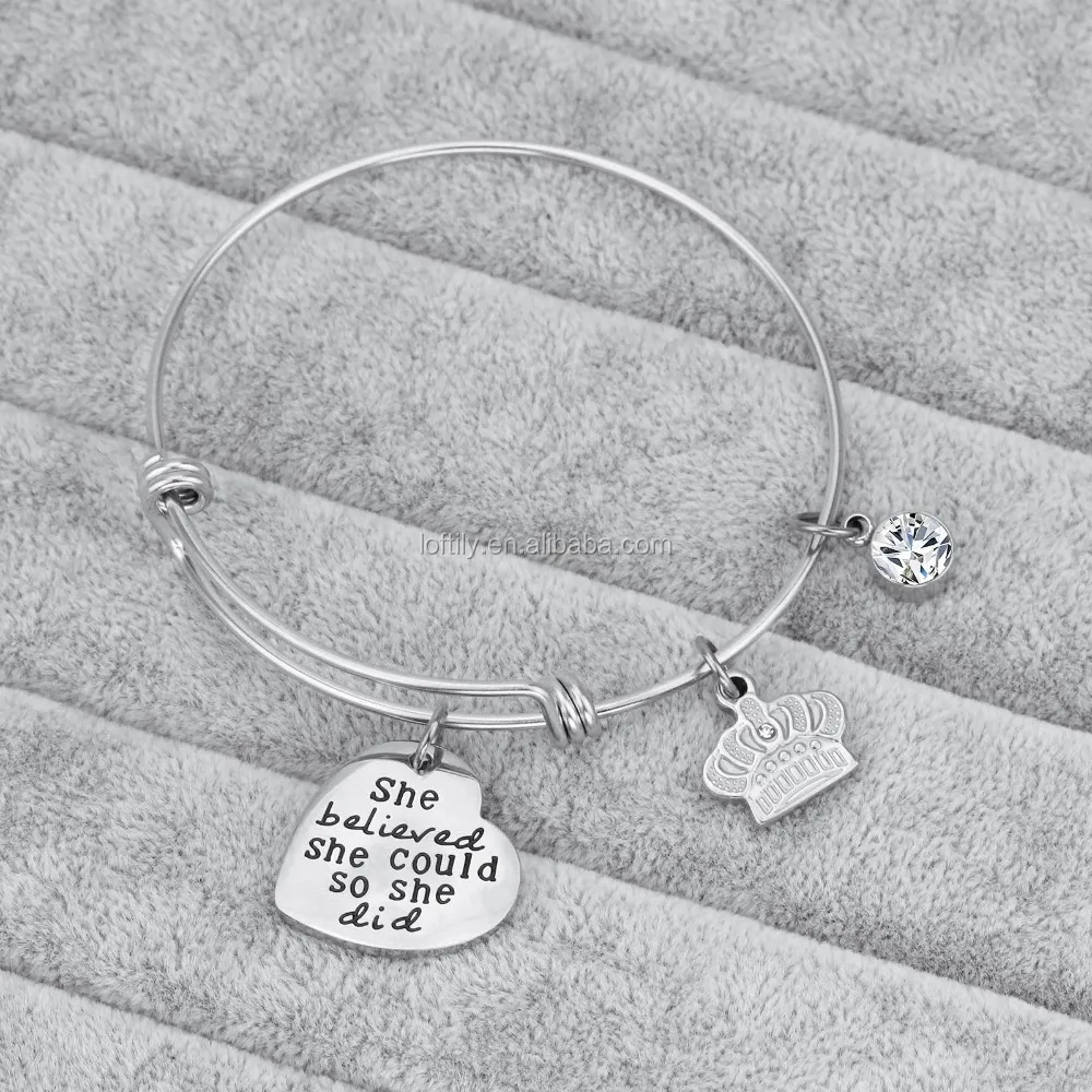 Inspirational Charm Bracelet Adjustable Bangle Gift for Women Girl Sister Mother Friends, Stainless Steel Expandable Cuff Charms