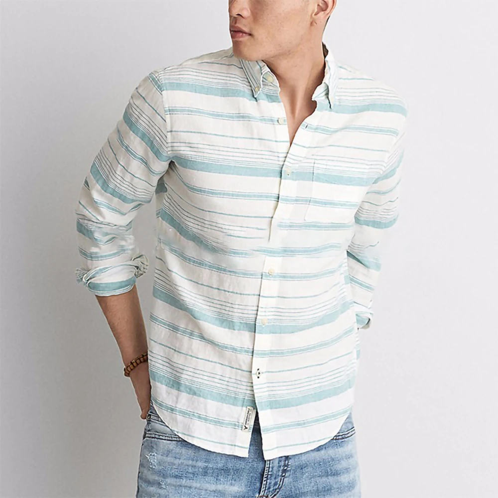New Fashion Unique design classic fit long sleeve stripe linen hawaiian shirts man for wholesale