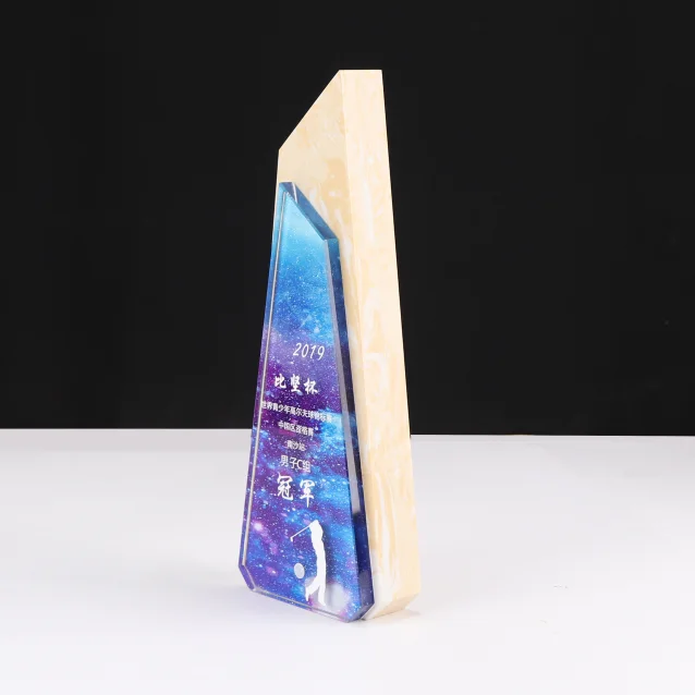 
2019 new design crystal and marble award color printing glass trophy 