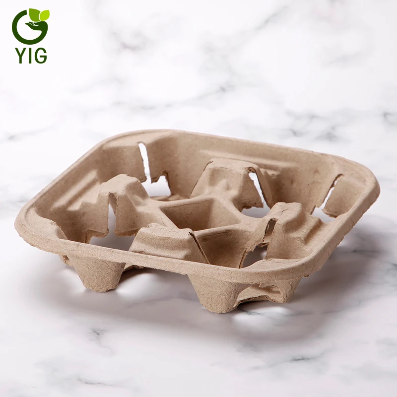 Four Cup Dry pressing molded pulp inner packaging paper carry coffee cup tray