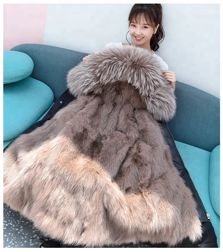 Модные стиль для женщин зимние толстые теплые натуральный мех подкладка куртка лиса меховой воротник парка пальто