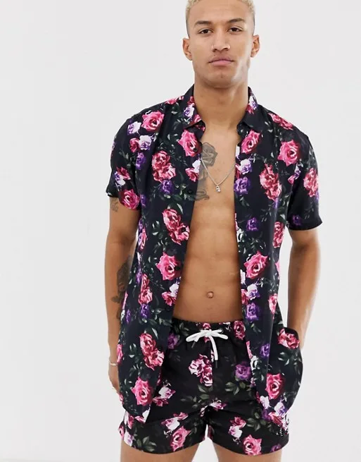KY Rose custom print Point collar Button placket short sleeve button up shirt men and mens beach shorts