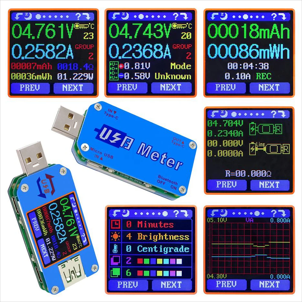 RD UM25  Type-C USB-A 2.0 Color Display Voltmeter ammeter cable resistance charger power bank USB voltage Current Tester