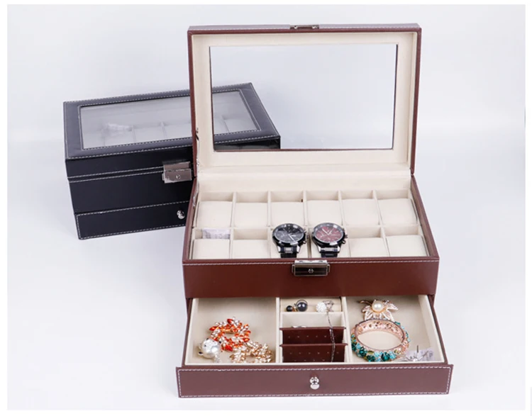 
New Design Custom Logo Luxury Leather 12 Slots Double Layer Jewelry Watch Box With Glass Winder 