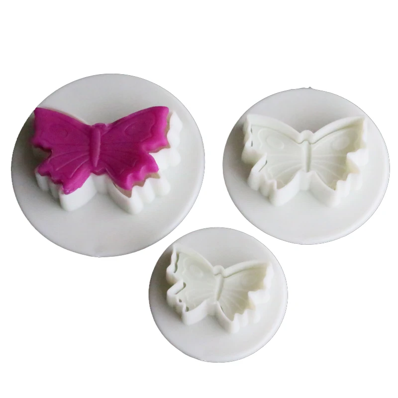 Yiwu bobao factory plastic novelty 3-piece cartoon butterfly shape biscuit pizza cake cookie spring press stamper plunger cutter