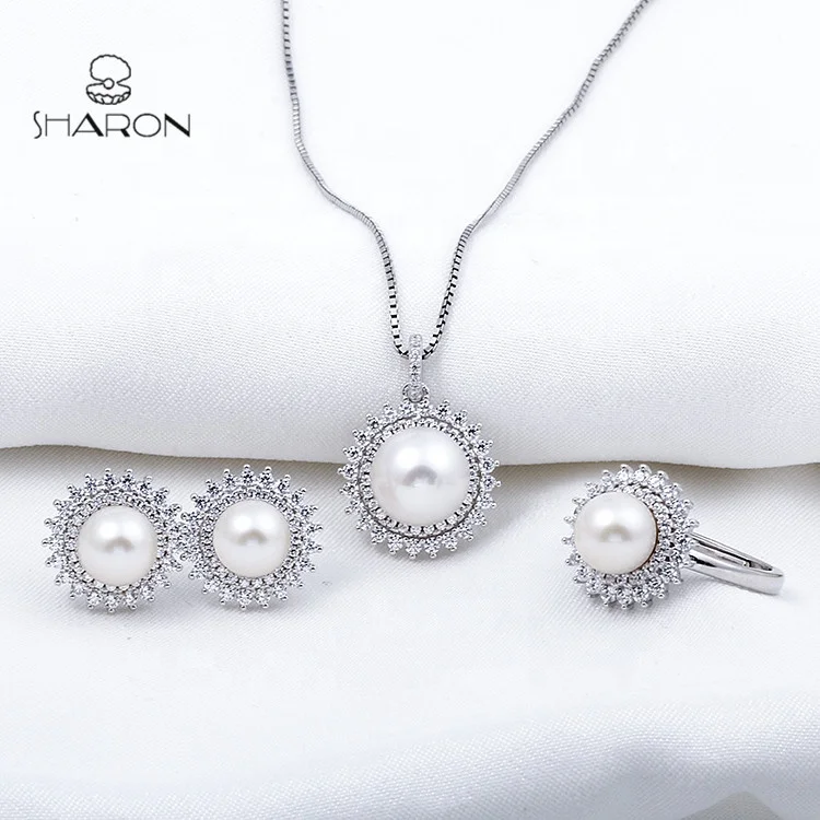 
Sharon 2020 Newest Design Wedding CZ Flower Sterling Silver Freshwater Pearl Jewelry Set For Women 