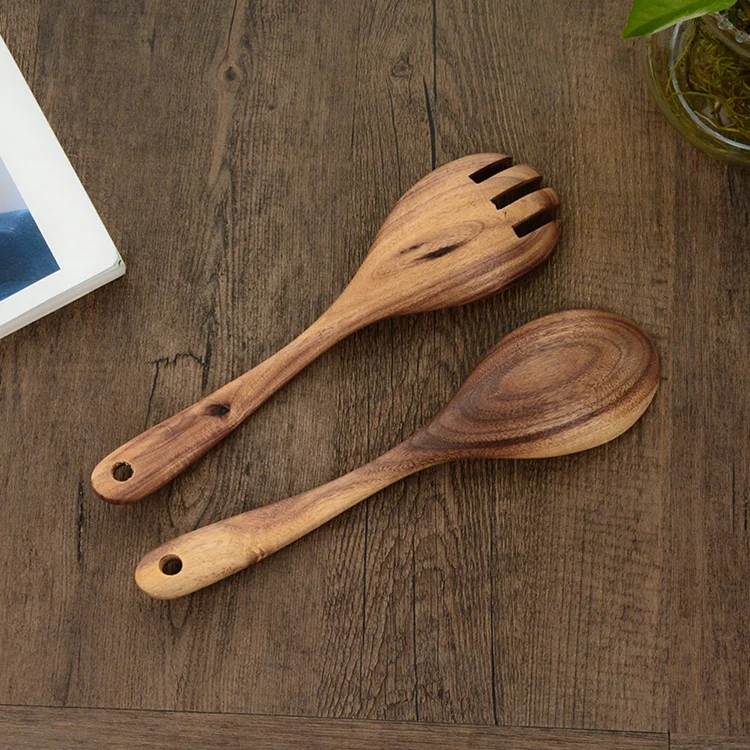 Creative  Natural Acacia Wood Handmade Salad  Serving Set Stirring Fork  Spoon