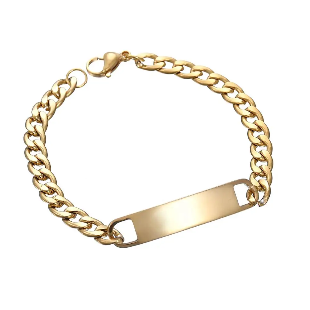 Custom name engraved stainless steel bracelet cuba chain 18k gold plated metal plate bracelet gold bar bracelet