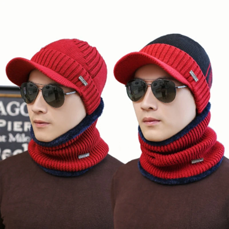 Men winter knit Cap with Brim Plus Velvet Inside Warm Windproof hat double color matching fashion scarf hat set For teenage