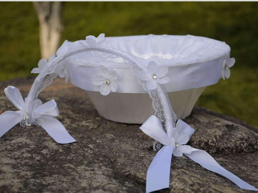 Wedding flower basket Large Satin white Basket Elegant Flower Girl Ivory Basket