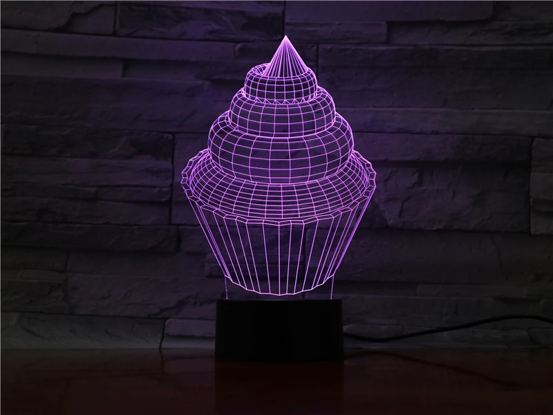 Delicious cupcake dessert food shape 3D Lamp 3D illusion black plastic base 7 color light Christmas day birthday gift