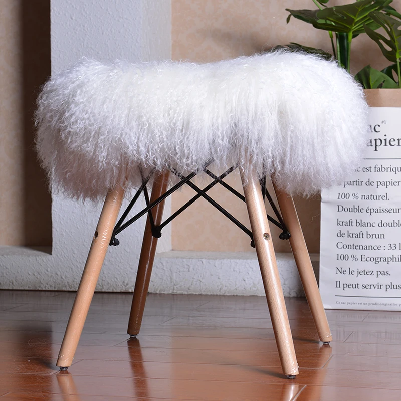 Hot-selling white Tibetan sheepskin wooden leg square stool