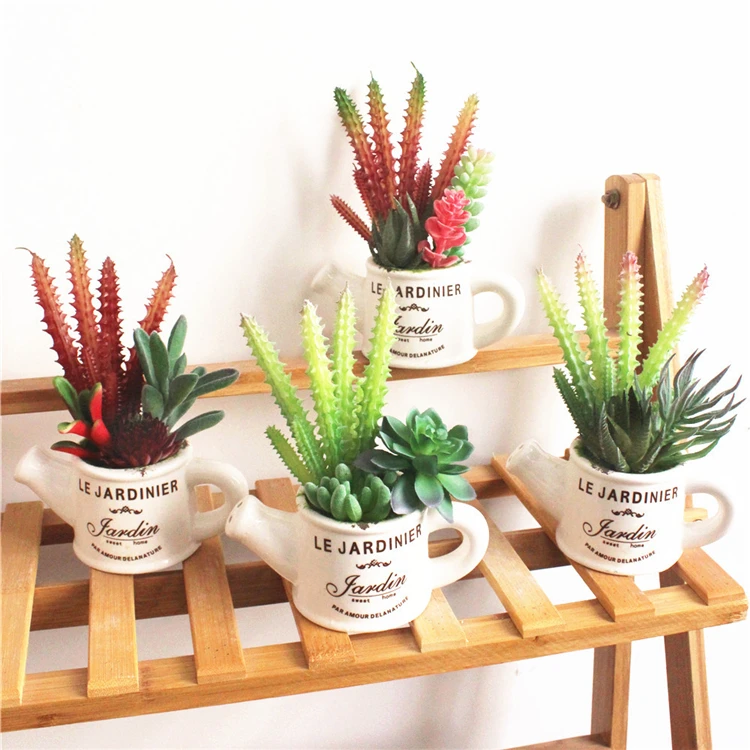 Высококачественные искусственные мини-суккуленты в горшке с маленьким чайником, садовое растение для украшения на улице