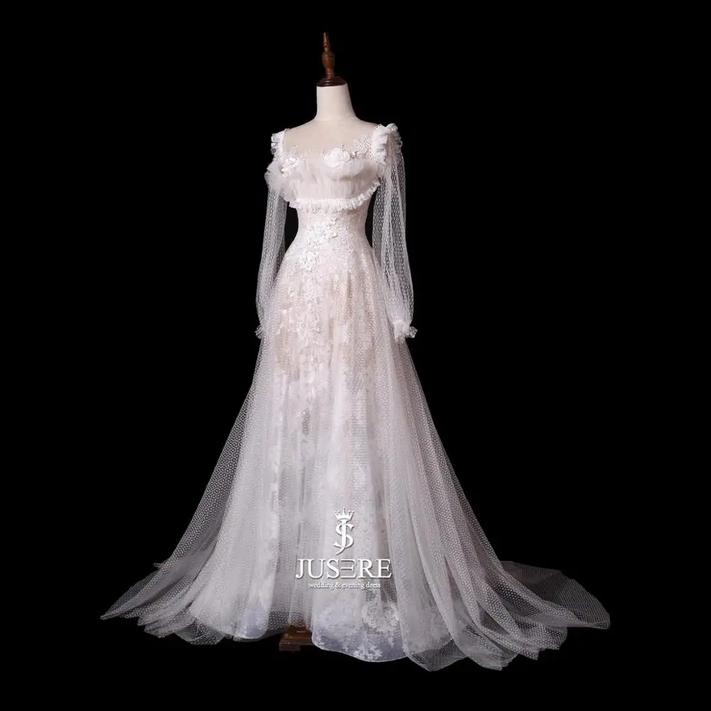 Lace up back bride dress Ivory wedding dress with sweep train A-Line long sleeves lace bride gown