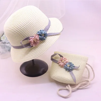 Оптовая продажа, летняя соломенная шляпа от солнца для девочек, пляжная одежда, вязаная шапочка с подходящей сумкой, комплект из соломенной шляпы для мамы и меня