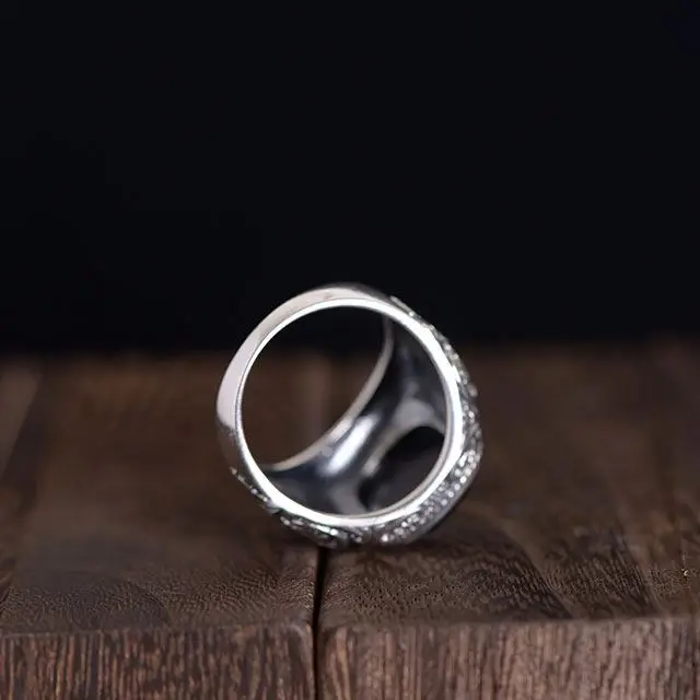 Wholesale 925 pure silver relief pattern inlaid Black Agate silver jewelry rings for men Anillos