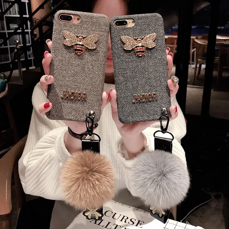 
Luxury rhinestone phone case fabric hair ball phone case with purse hanging rope for phone 