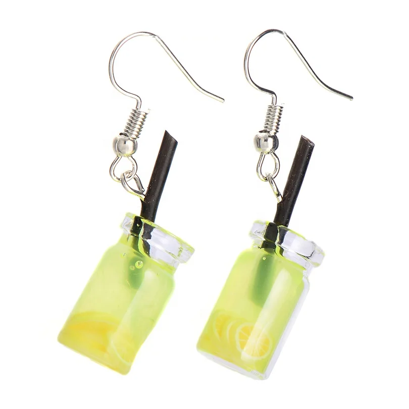 Fashion Candy Color  Lovely Fruit Milk Tea Drink Charm Bottle Resin Drop Earrings Yellow Lemon Cup Dangle Earring For Girls
