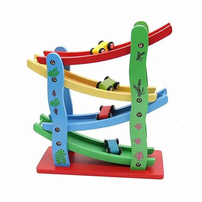 
Wholesale educational wooden small car toy ramp racer track slide car roller coaster slide four layers for kids toys 