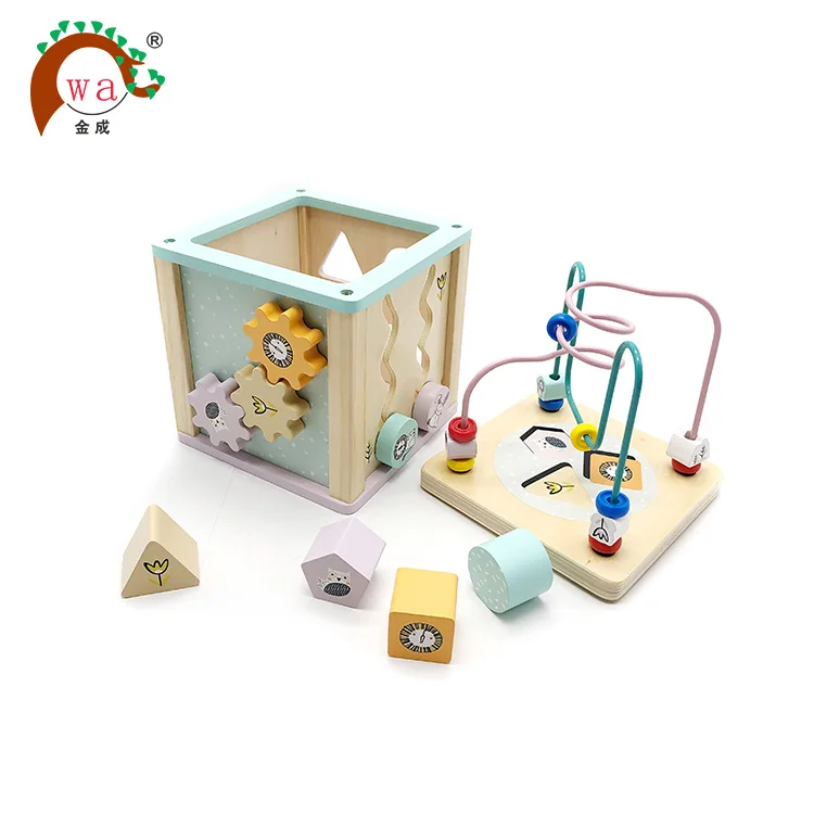5 in 1 Multifunction wooden wired beads maze educational learning cube toy