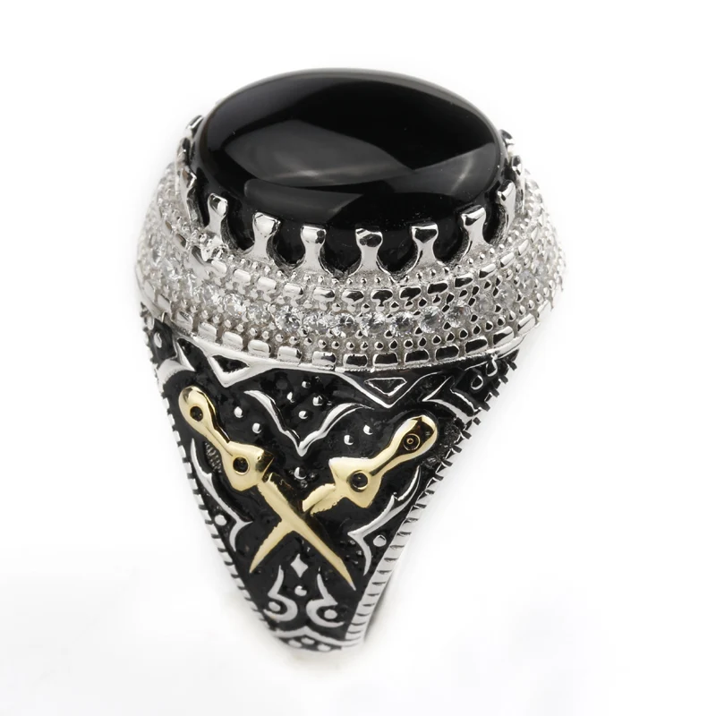 Silver Man 925 Sterling Vintage Two Tone Plated Signet Big Natural Black Agate Stone Finger Engraved Style Arabic Ring
