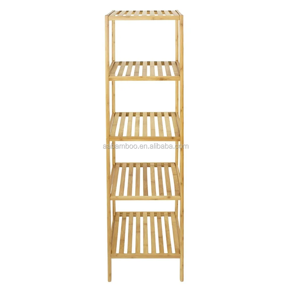 100% Bamboo Multi-functional 5 Tier Bathroom Shelf organizer Rack Plant Flower Free Standing Towel Rack