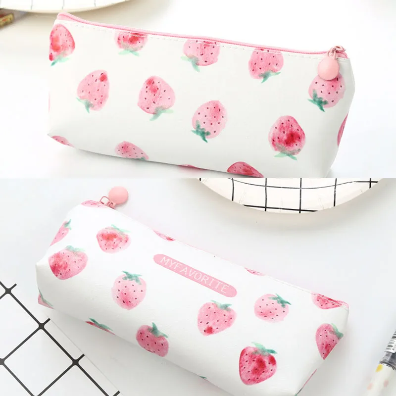 
Small Fresh And Creative Strawberry Leather Pencil Bag Lovely Student Girl Pencil Bag Large Capacity Students Storage Pen Bag 