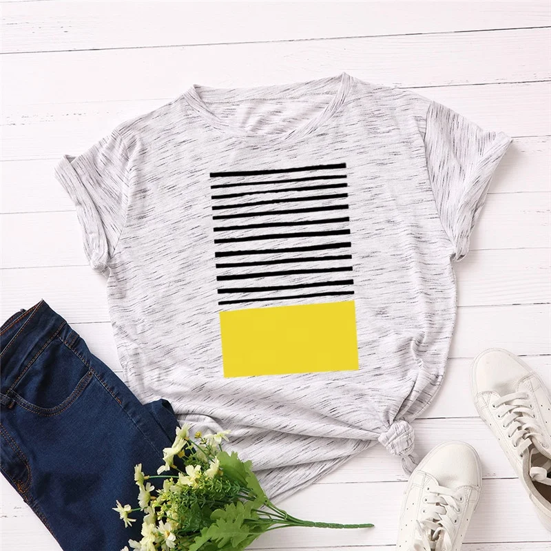 
Wholesale Women Casual Tshirts Chest Stripe Print T Shirt 100% Cotton O Neck Short Sleeve Summer T-Shirt Tops 