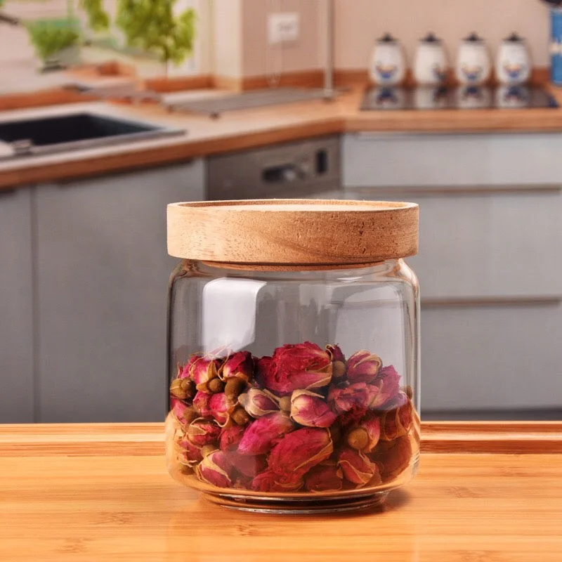 New Design 250ml Glass Jar with Sealed Acacia Wood Lid Food Container for Tea Honey Spice Grain Storage in Kitchen