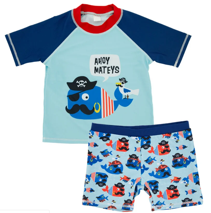 Комплект для плавания маленьких мальчиков из 2 предметов милый мультяшный купальник с акулой Рашгард топ коротким рукавом комплект