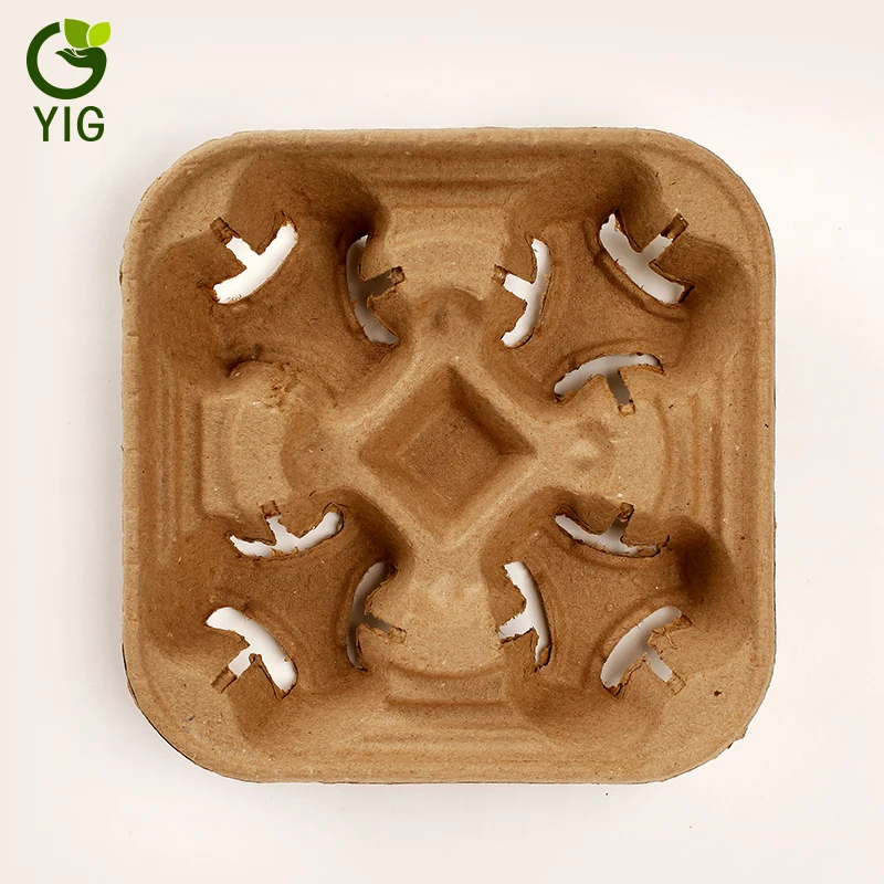 Four Cup Dry pressing molded pulp inner packaging paper carry coffee cup tray