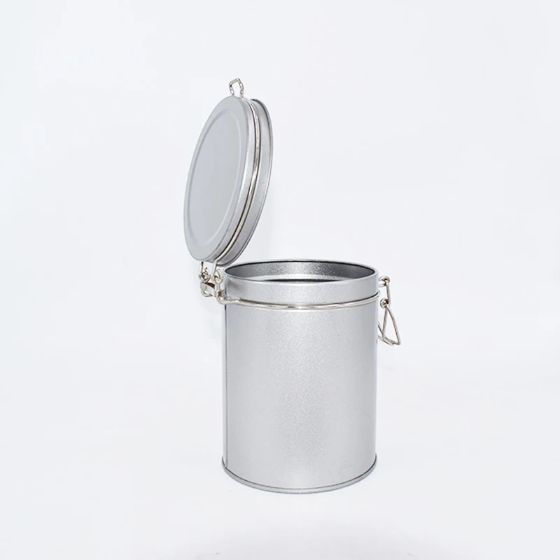 Round Hinged Metal Tin Can With Rubber Sealed Loop Lid