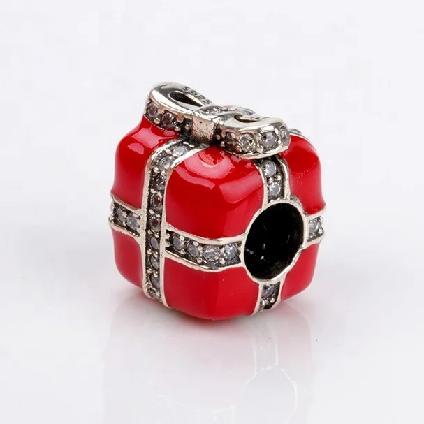 Custom christmas jewelry new year gift pure 925 sterling silver red enamel charm box ornaments with beads for DIY bracelet