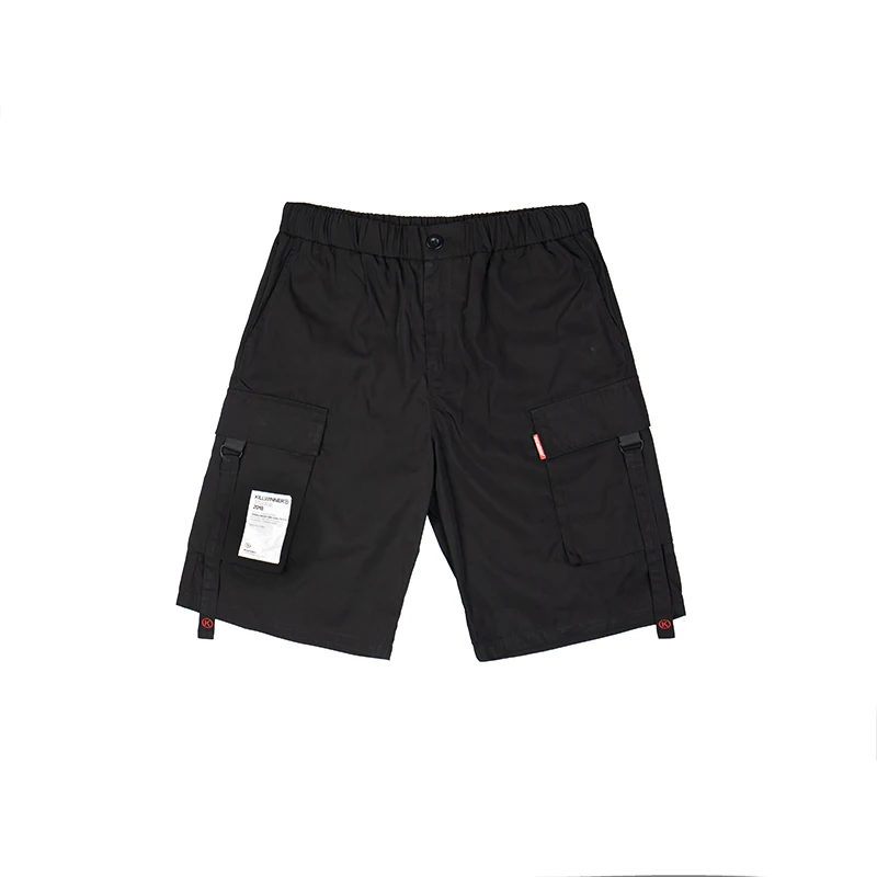 Killwinner solid color 100 polyester overalls men summer casual loose printed ribbon multi pockets cargo shorts