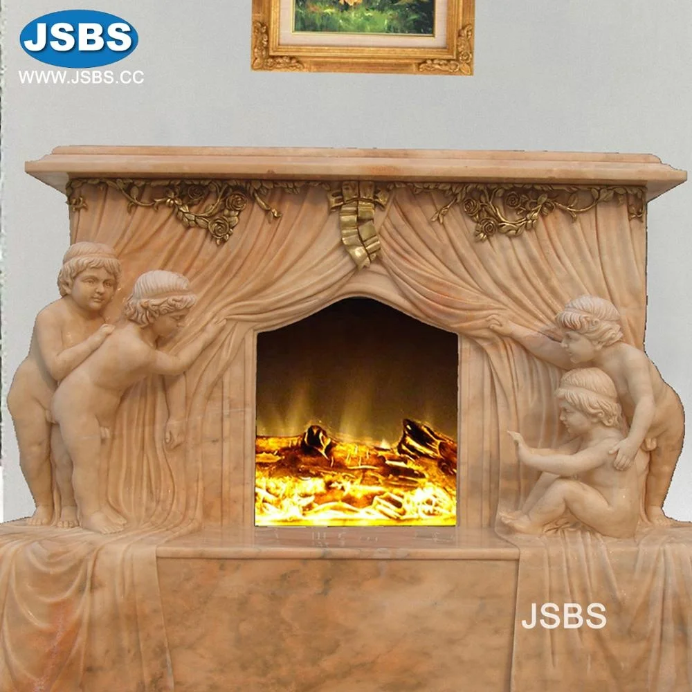 White Marble Arch Stone Fireplace Mantel Surrounding with Cherub